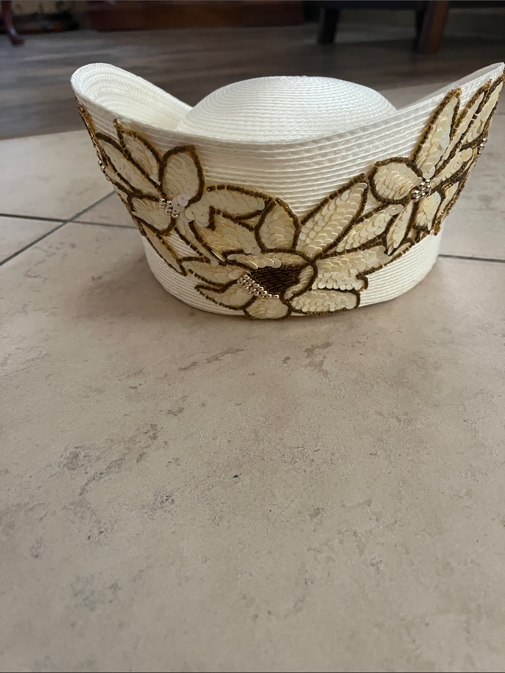 Vintage Embellished White Straw Sun Hat with Gold Sequin Floral Trim
